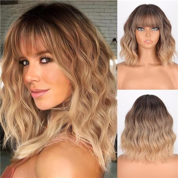 Ombre Blonde Wig with Bangs Short Wavy Brown Omber Blonde Wigs for